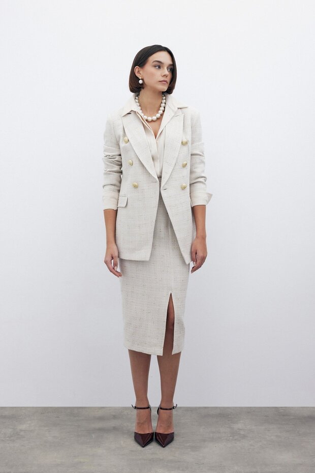 Simli Midi Boy Tüvit Etek - Bej - 2