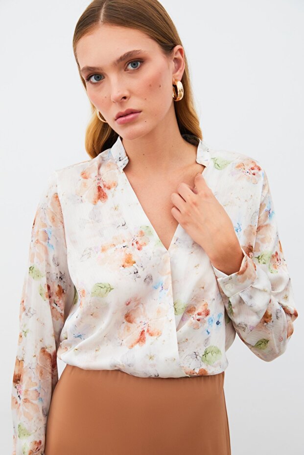 بلوزة منقوشة بصف أزرار واحد - مينك - 1