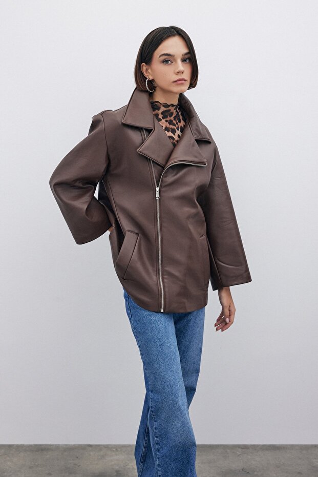 Oversize Leather Jacket - Brown - 4