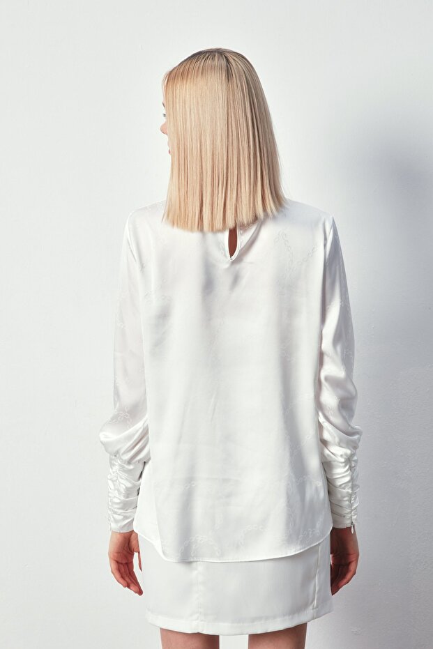 Chain Patterned Satin Blouse - Ecru - 8