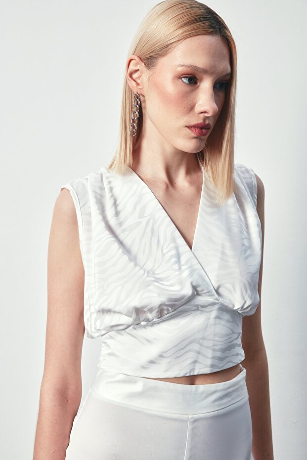 Double-Breasted Patterned Satin Blouse - Ecru - 2