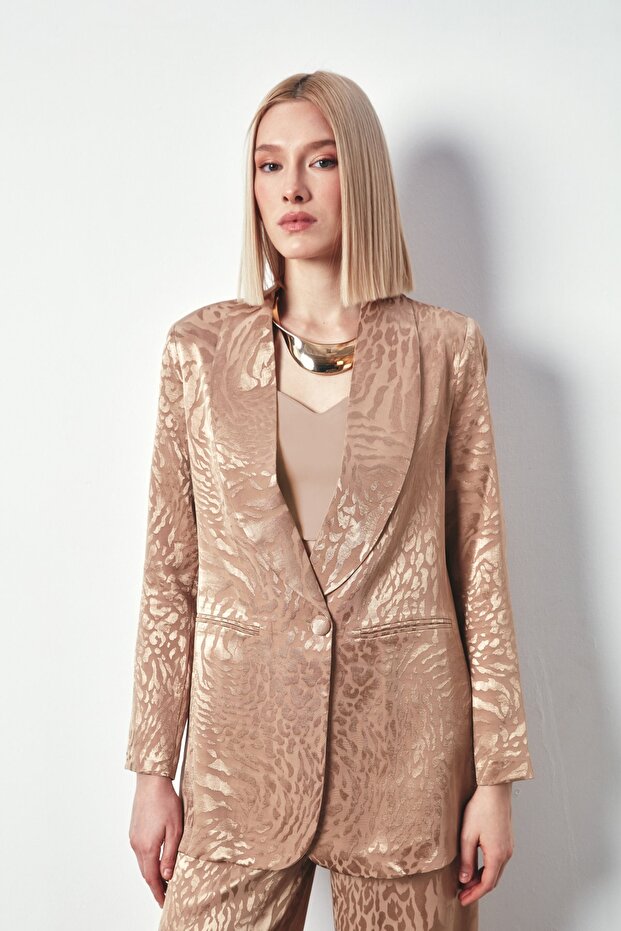 جاكيت منقوش بياقة شال - مينك - 1