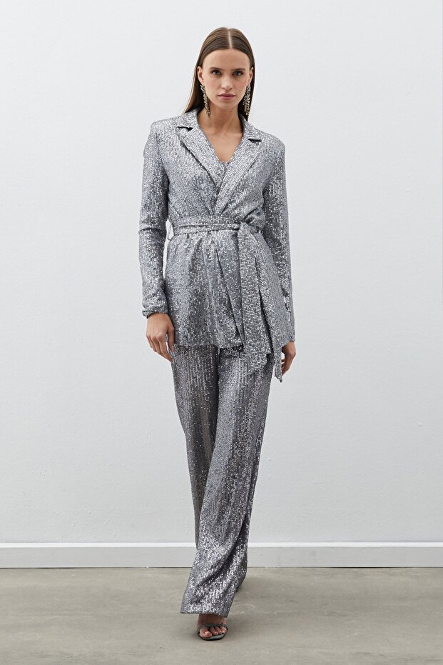 بنطلون ترتر بحزام - فضي - 2