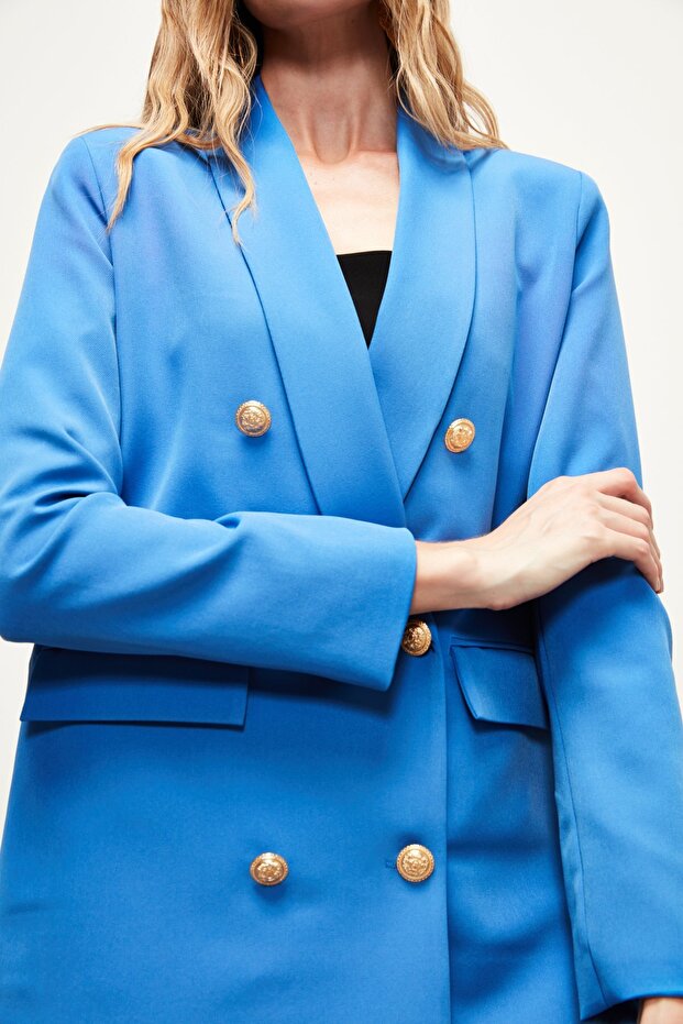 سترة بتفاصيل أزرار وصف أزرار مزدوجة - لون نيلي - 6