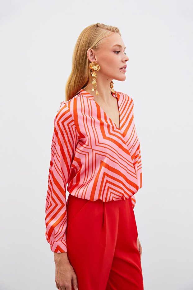 Double-Breasted Patterned Blouse - Fuchsia - 2