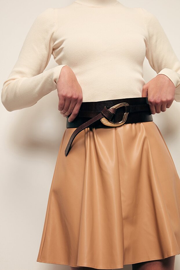 Mini Deri Etek - Camel - 5