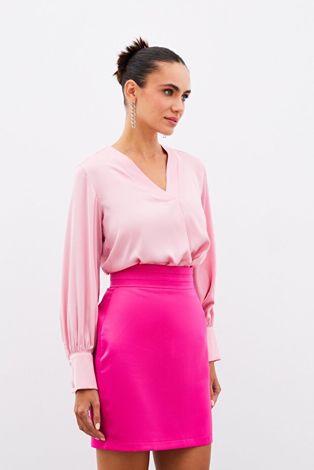 V-Neck Satin Blouse - Pink - 2