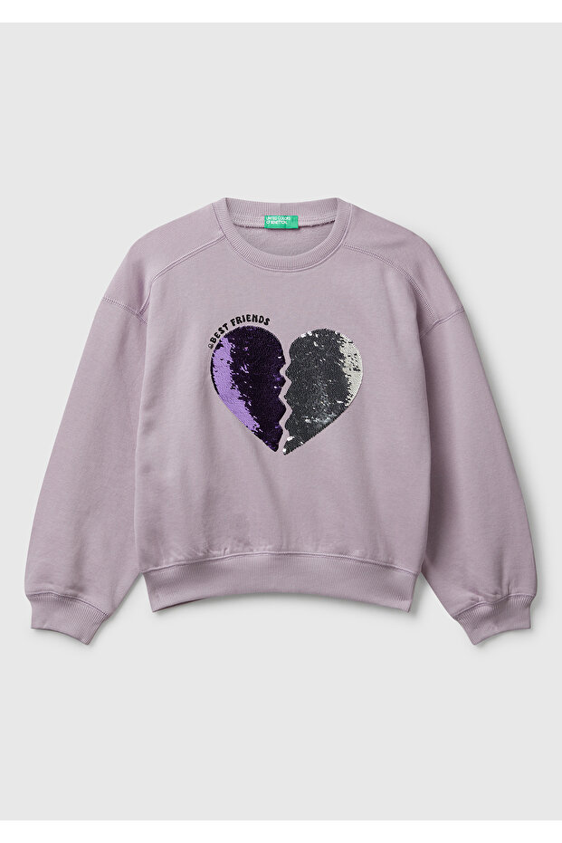 Girl's Lilac Front Sequined Printed Ribbed Relaxed Fit Sweatshirt