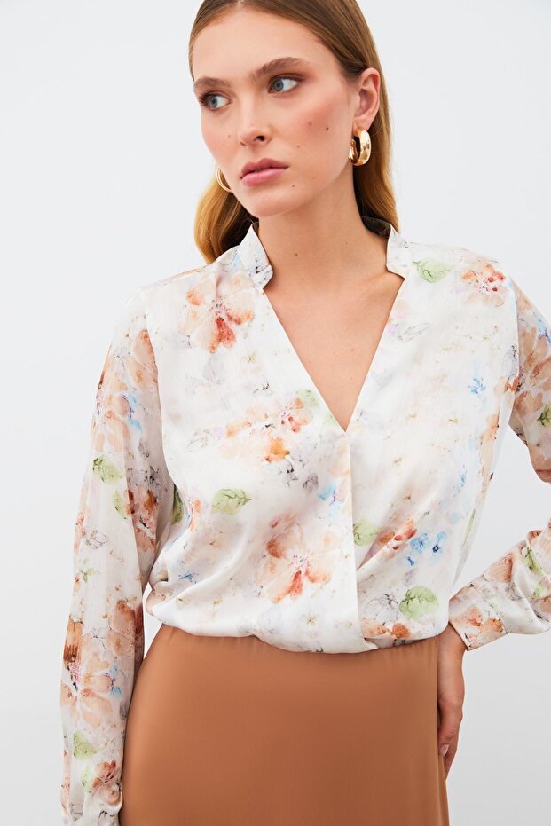 بلوزة منقوشة بصف أزرار واحد - مينك - 3