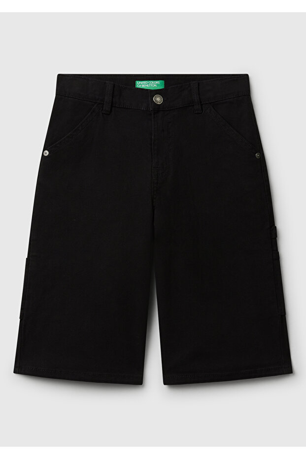 Boys' black logo and pocket detailed buttoned stretch denim bermuda shorts