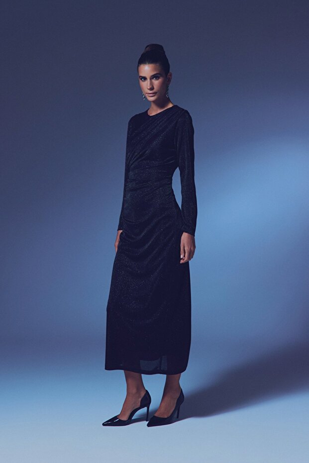 Simli Midi Elbise - Siyah - 3