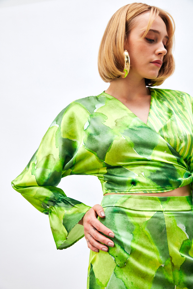 Side Tie Patterned Blouse - Green - 5