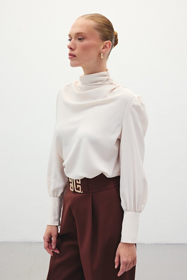 Drape Detaylı Bluz - Bej - 1