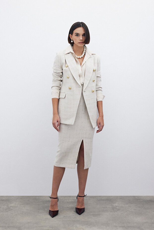 Simli Midi Boy Tüvit Etek - Bej - 3