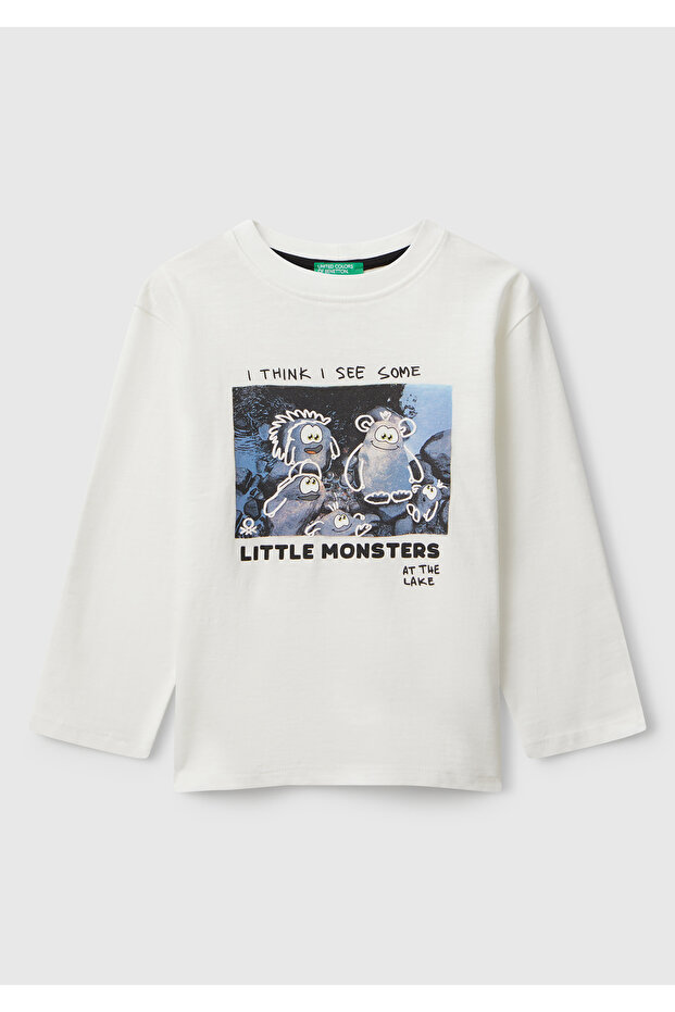 Boy's ecru fluffy printed bicycle collar long sleeve jersey t-shirt