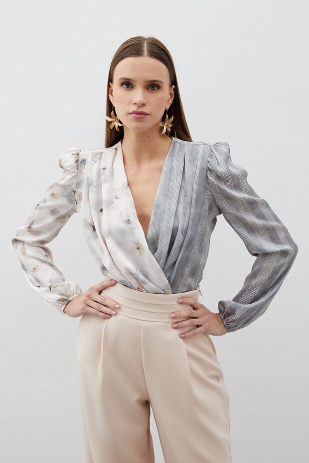 Double Patterned Double-Breasted Bodysuit Blouse - Gray - 2