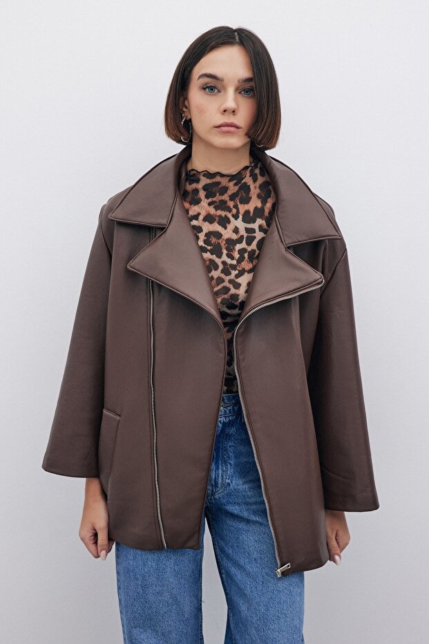 Oversize Leather Jacket - Brown - 3