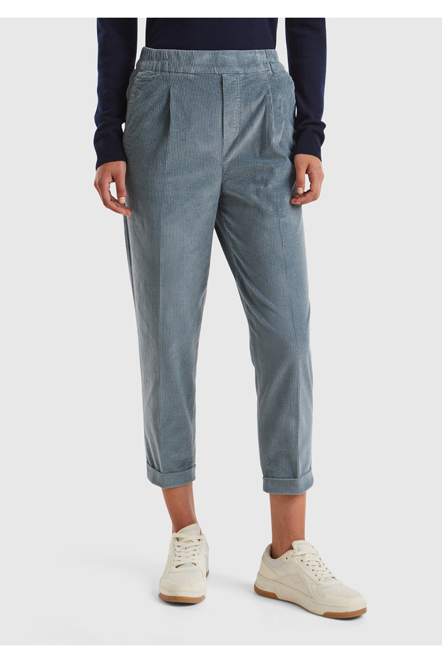 Women's Dark Blue Velvet Trousers with Elastic Waist