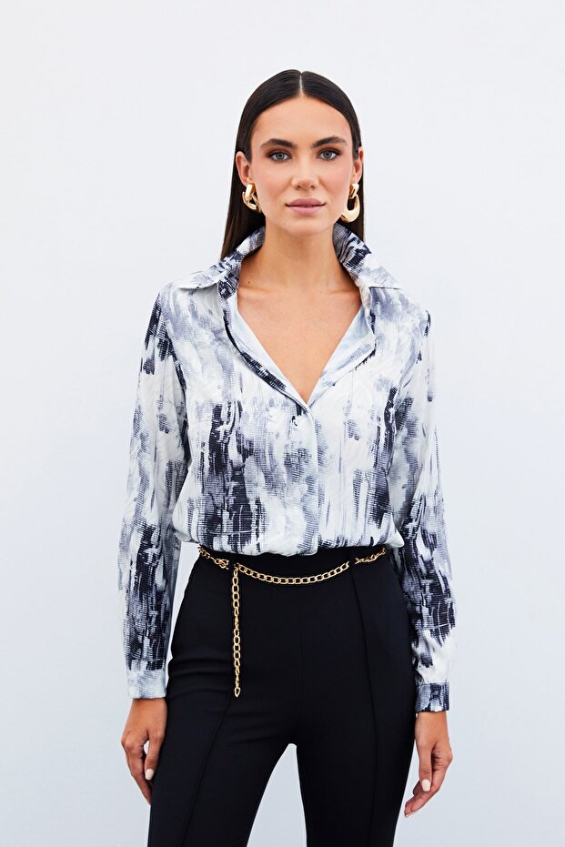 Patterned Plain Shirt - Black - 1