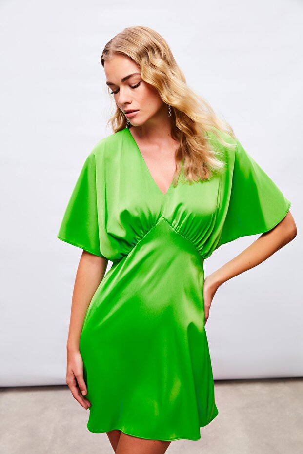 Yarasa Kol Mini Elbise - Açık Yeşil - 4