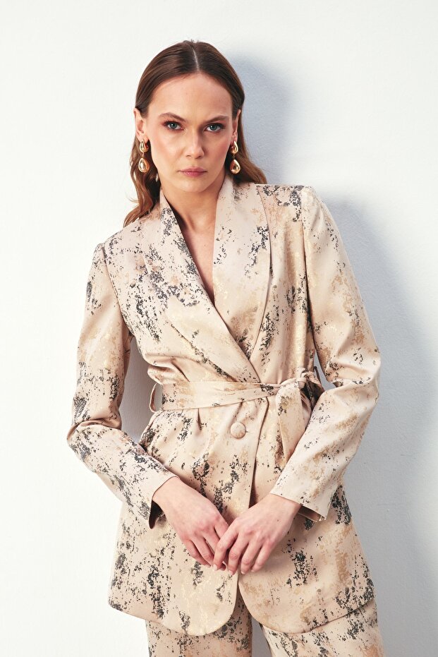 معطف طويل مزين بنقشة لامعة - بيج - 2