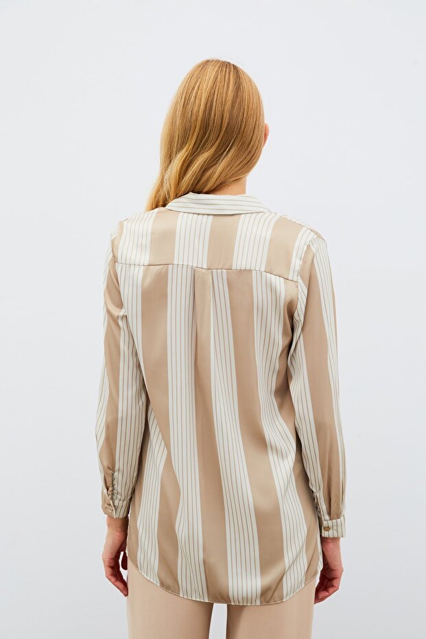 Çizgi Desenli Gömlek - Bej - 7