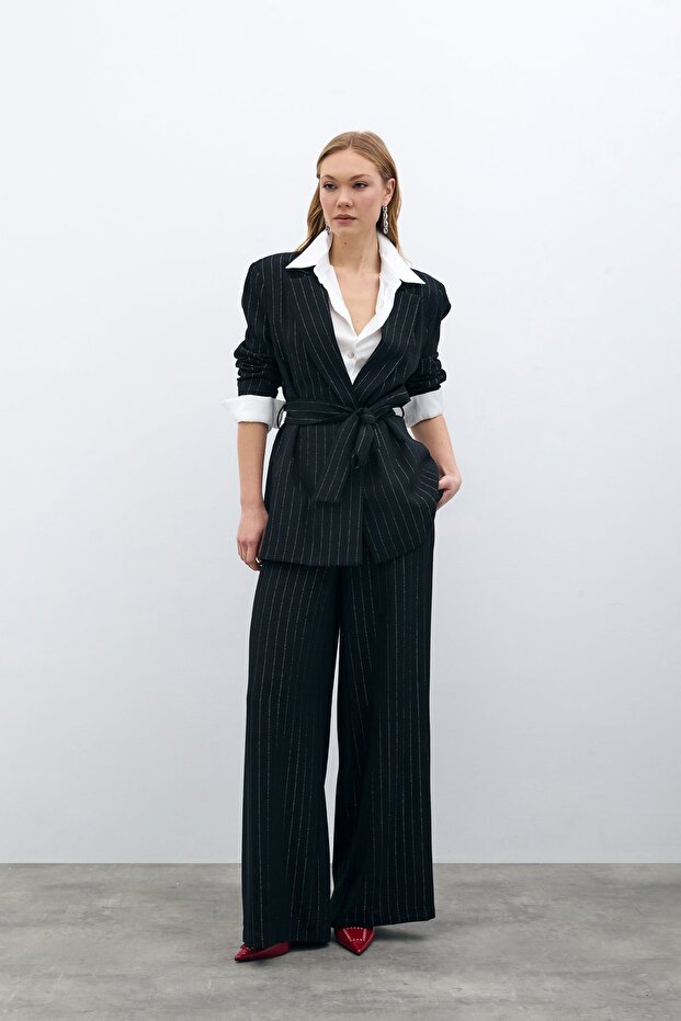 Silvery Striped Belted Jacket - Black Striped