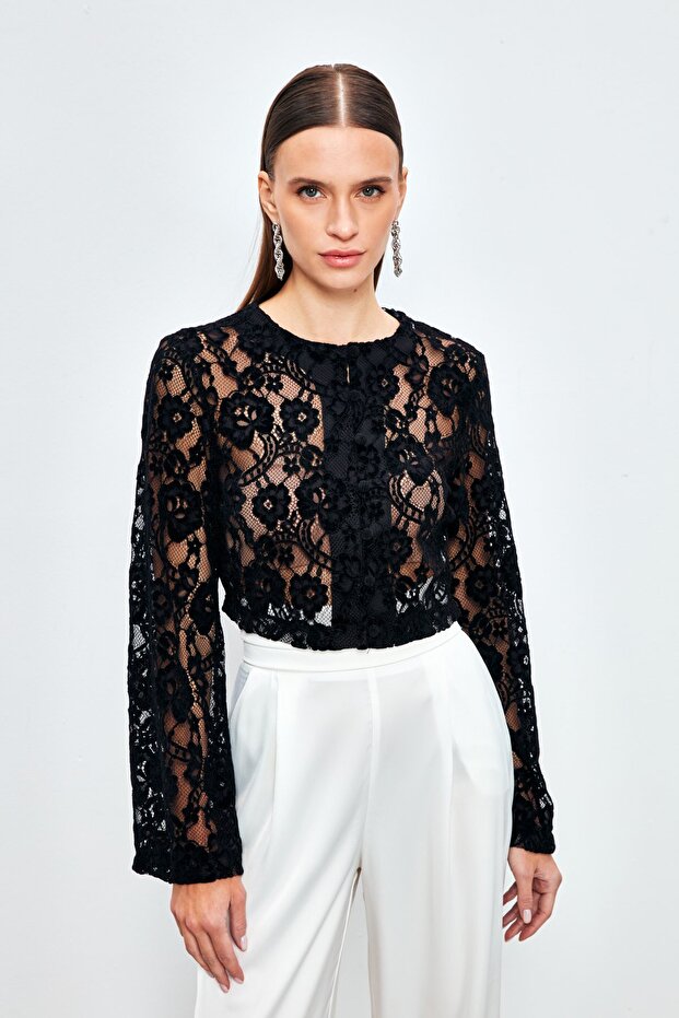 Dantelli Crop Bluz - Siyah - 7