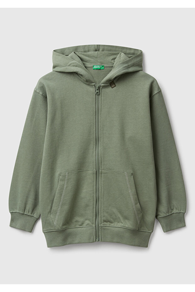 Boy's Khaki Logo Label Detailed Zippered Hooded Sweatshirt
