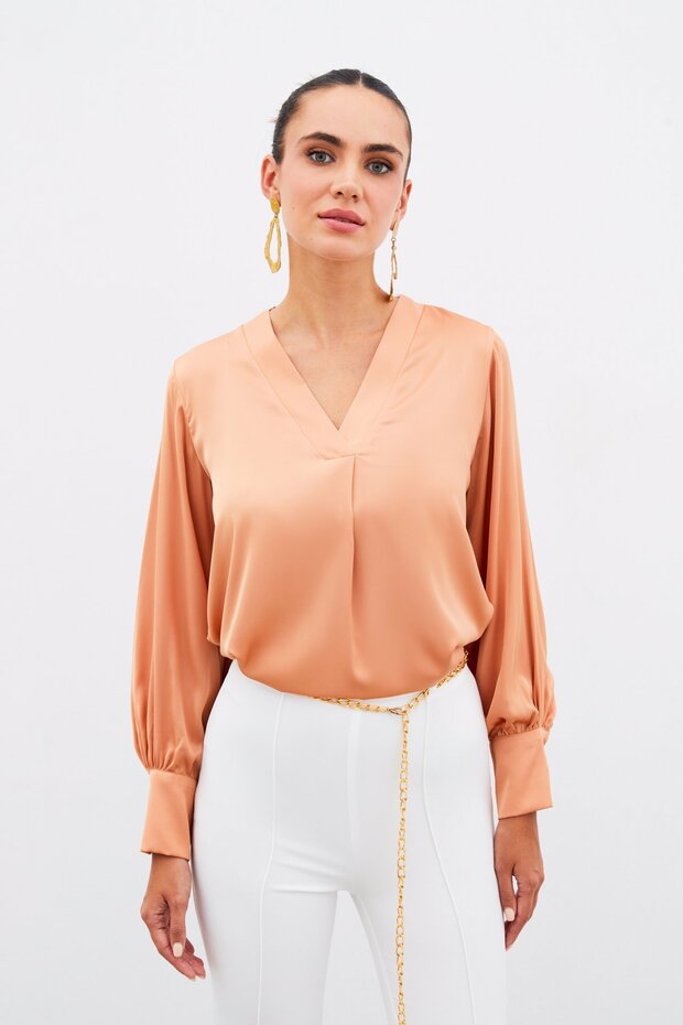 V-Neck Satin Blouse - Salmon