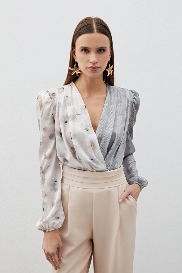 Double Patterned Double-Breasted Bodysuit Blouse - Gray - 4