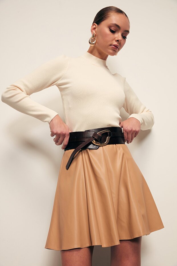 Mini Deri Etek - Camel - 1