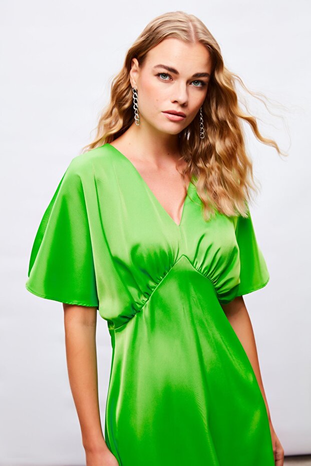 Yarasa Kol Mini Elbise - Açık Yeşil - 6