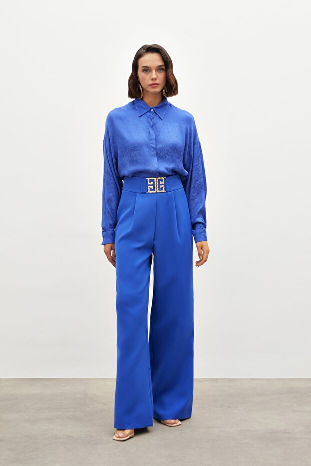 Wide Leg Pants with Waist Accessories - Sax Blue
