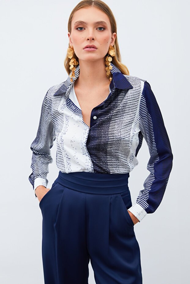 قميص سادة منقوش - أزرق داكن - 2