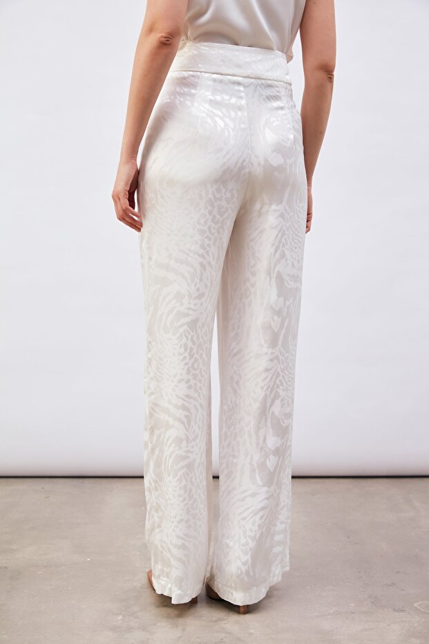 Patterned Satin Trousers - Ecru - 7