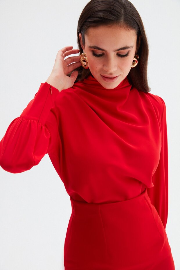 Drape Detaylı Bluz - Kırmızı - 6