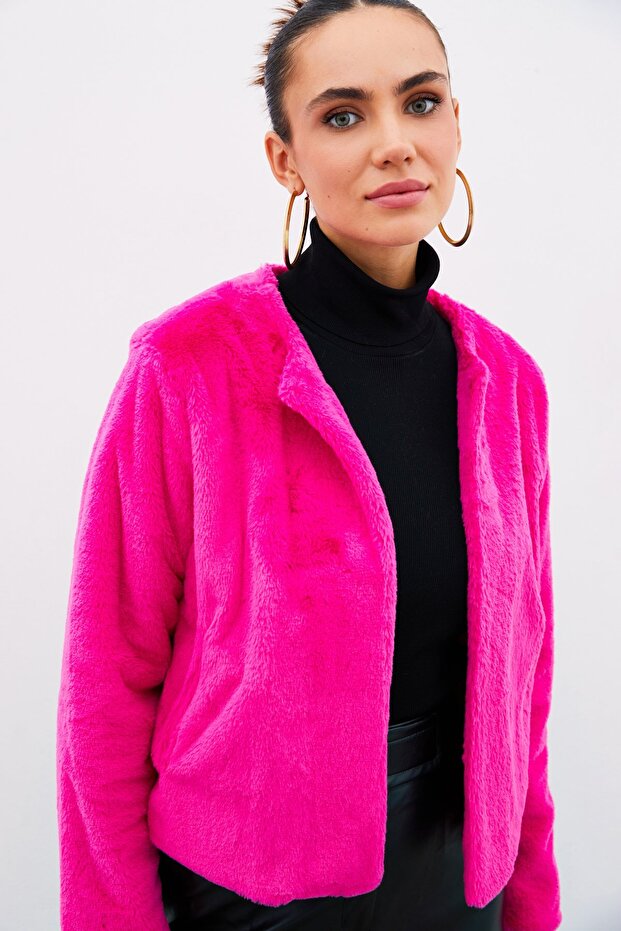 سترة فوشيا من القطيفة بدون ياقة - 4