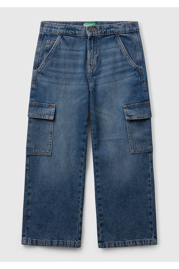 Boy's dark blue back pocket logo pocket elastic waist drawstring denim pants