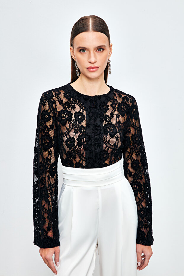 Dantelli Crop Bluz - Siyah - 3