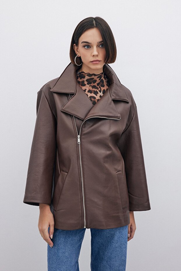 Oversize Leather Jacket - Brown - 6