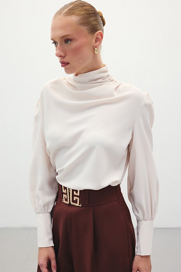 Drape Detaylı Bluz - Bej - 6