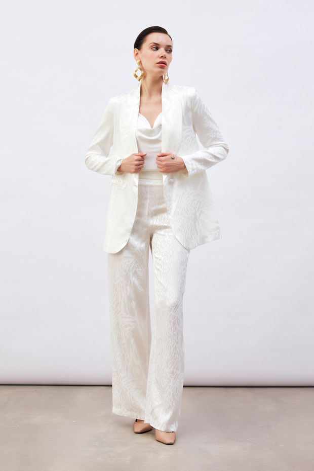 Patterned Satin Trousers - Ecru - 3
