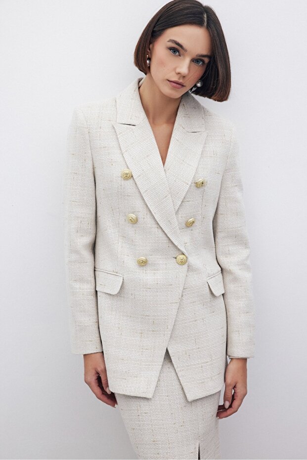 Simli Uzun Ceket - Taş - 1