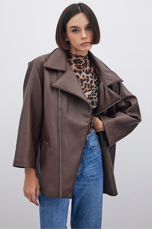 Oversize Leather Jacket - Brown - 1