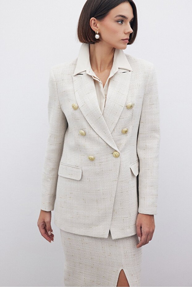 Simli Uzun Ceket - Taş - 6