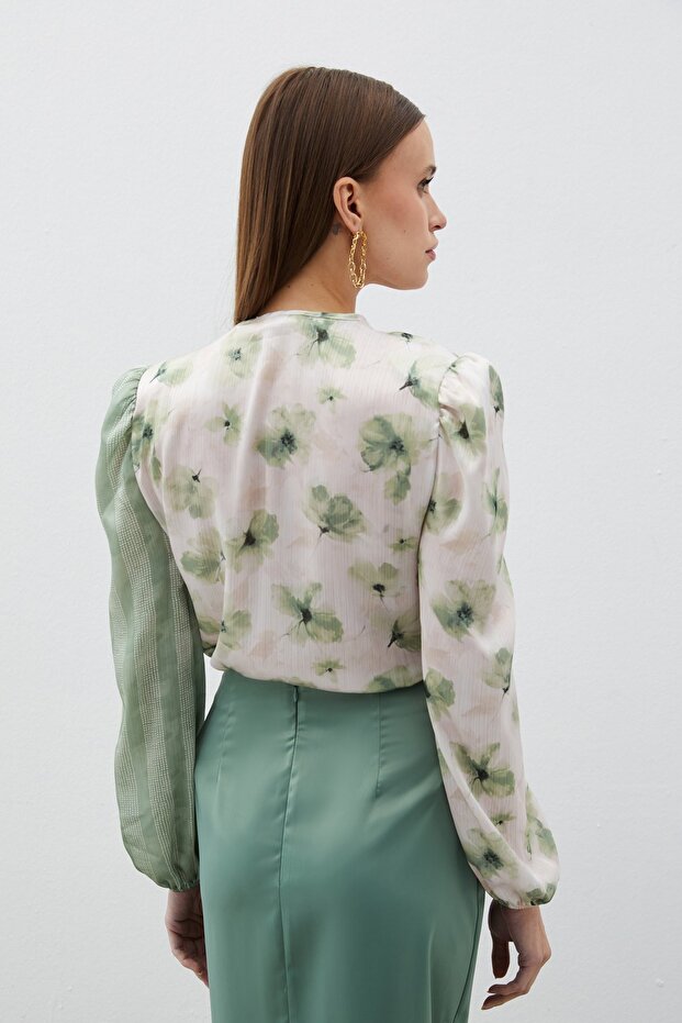 Double Patterned Double-Breasted Bodysuit Blouse - Green - 7