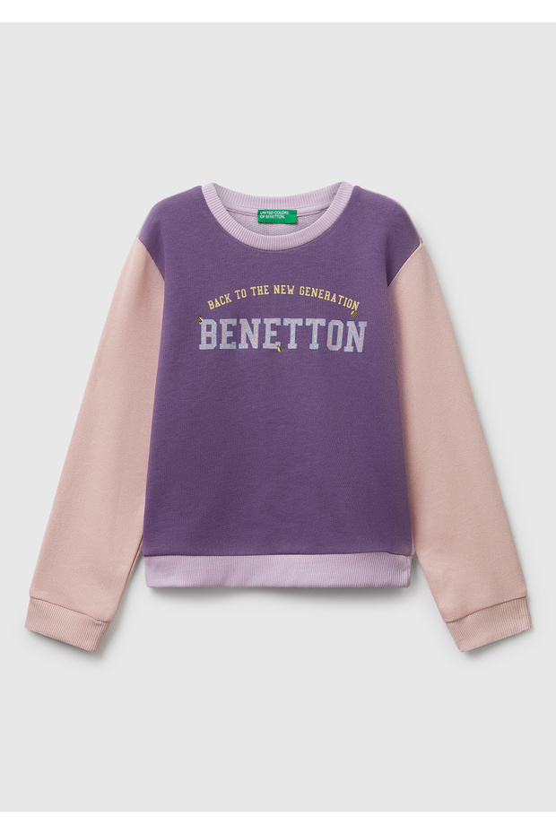 Girl's lilac-fuchsia-beige front glittery logo Printed ribbed regular fit sweatshirt