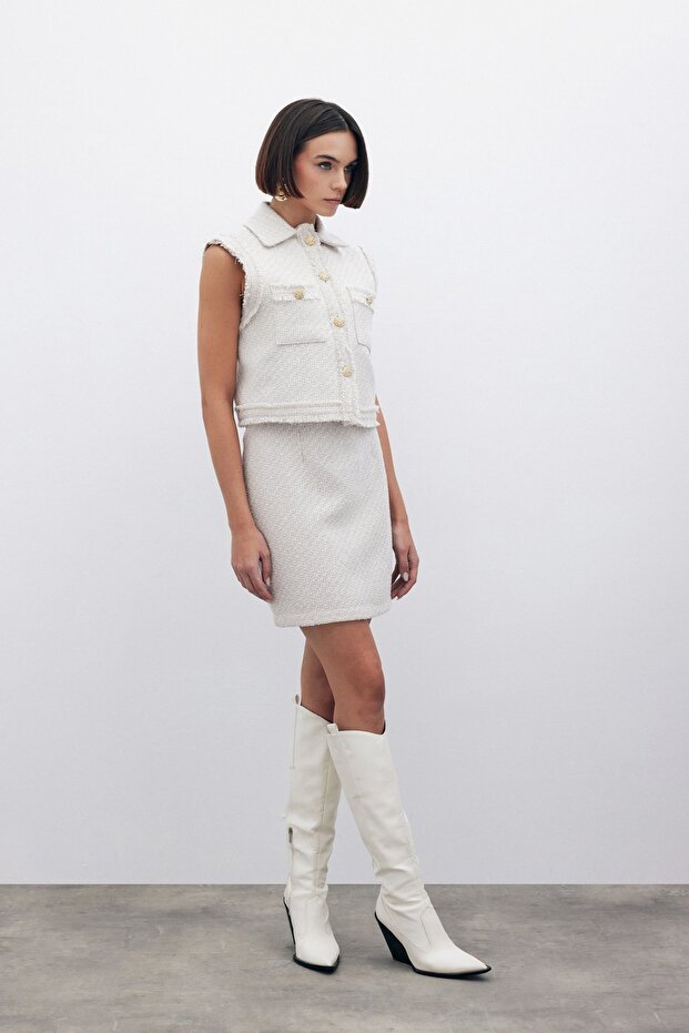 Simli Mini Tüvit Etek - Taş - 3