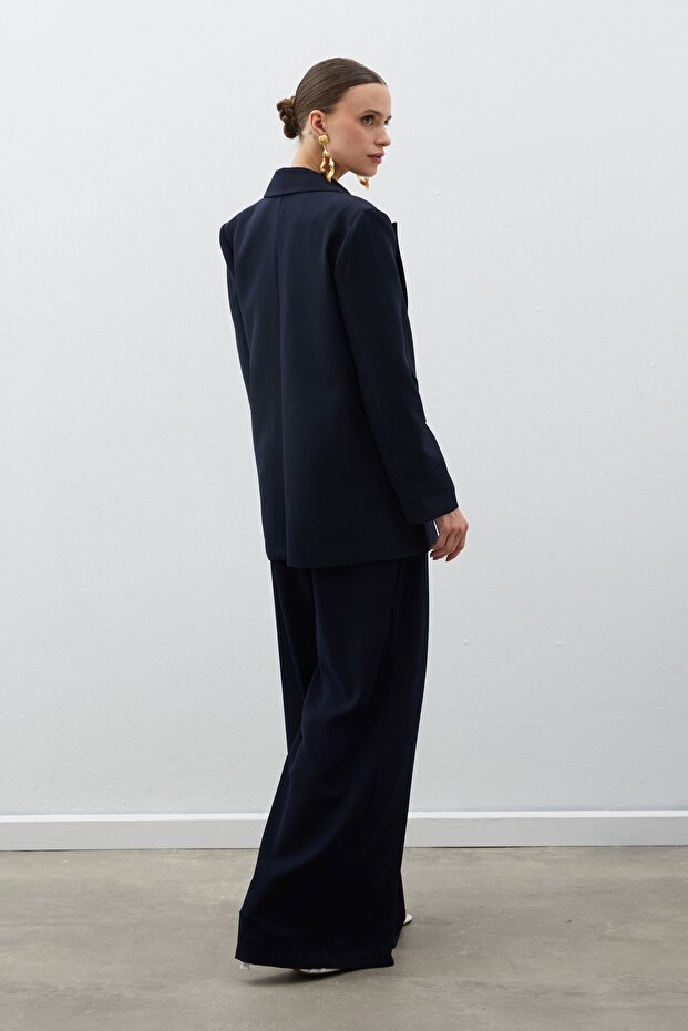 Zebra Lined Long Jacket - Navy Blue - 8